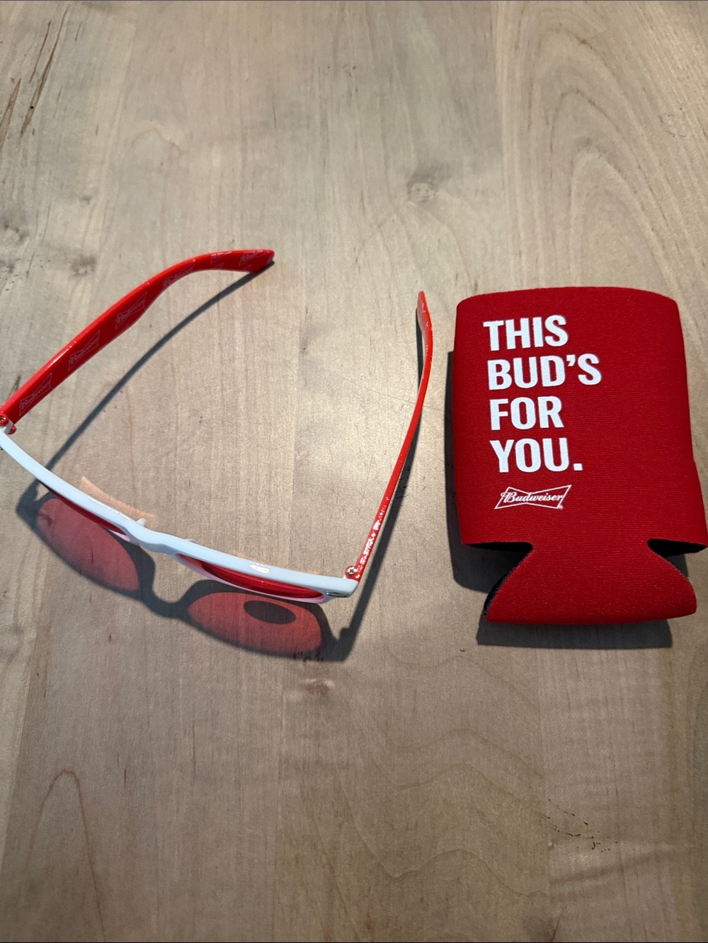 Budweiser White Frame Sunglasses with Red Lenses and Red Can Cooler